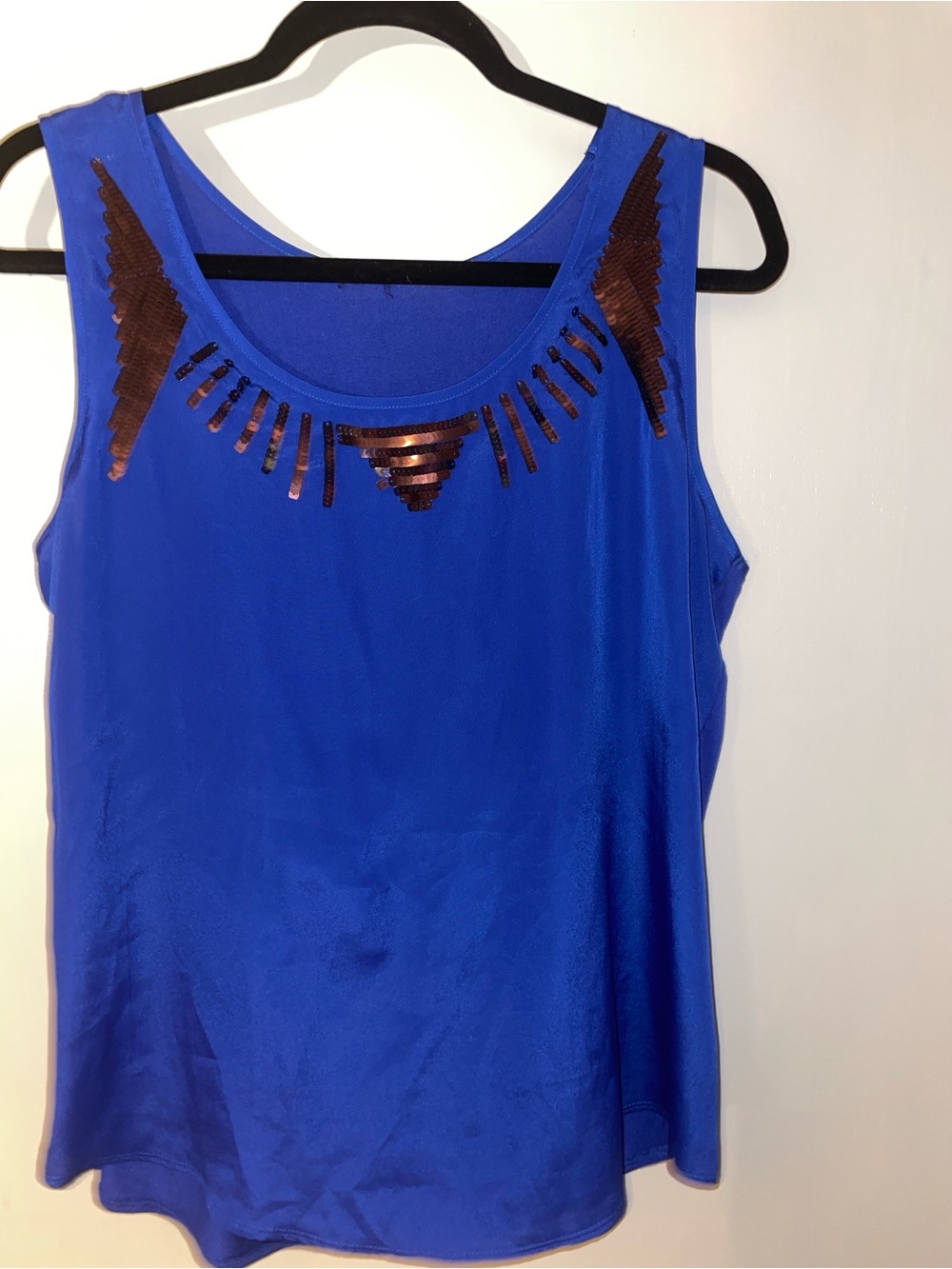 Navy Royal Silky Tank top with Copper Sequin Neckline L